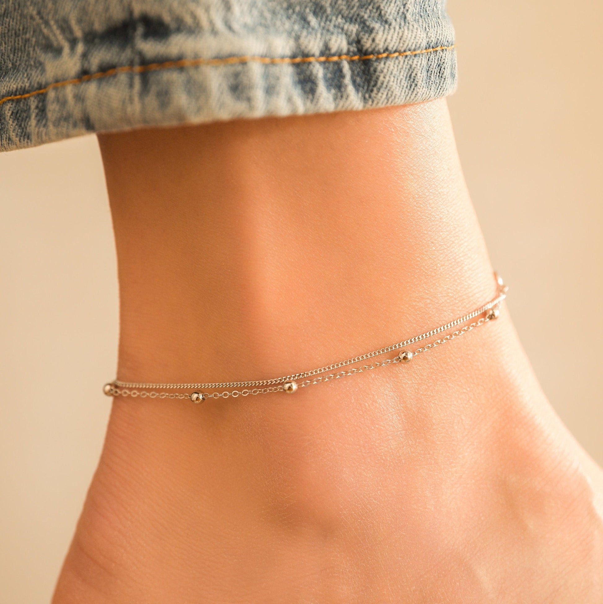 Sterling Silver Ankle Bracelet, Double Beaded Chain, Silver Anklet, Handmade Jewellery, Dainty Minimalist, Gift For Her