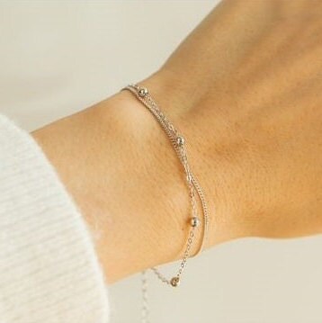 Sterling Silver Double Beaded Bracelet, Beaded Dainty Minimalist Bracelet, Gift For Her, Valentines Gift