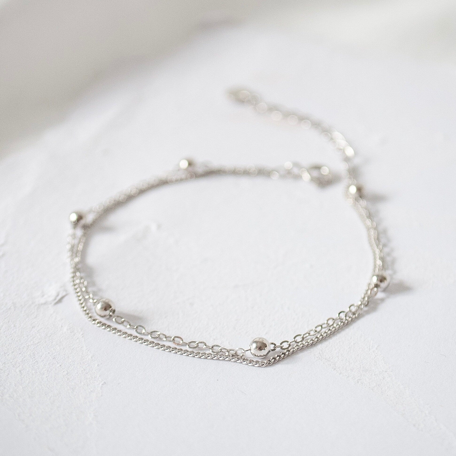 Sterling Silver Ankle Bracelet, Double Beaded Chain, Silver Anklet, Handmade Jewellery, Dainty Minimalist, Gift For Her