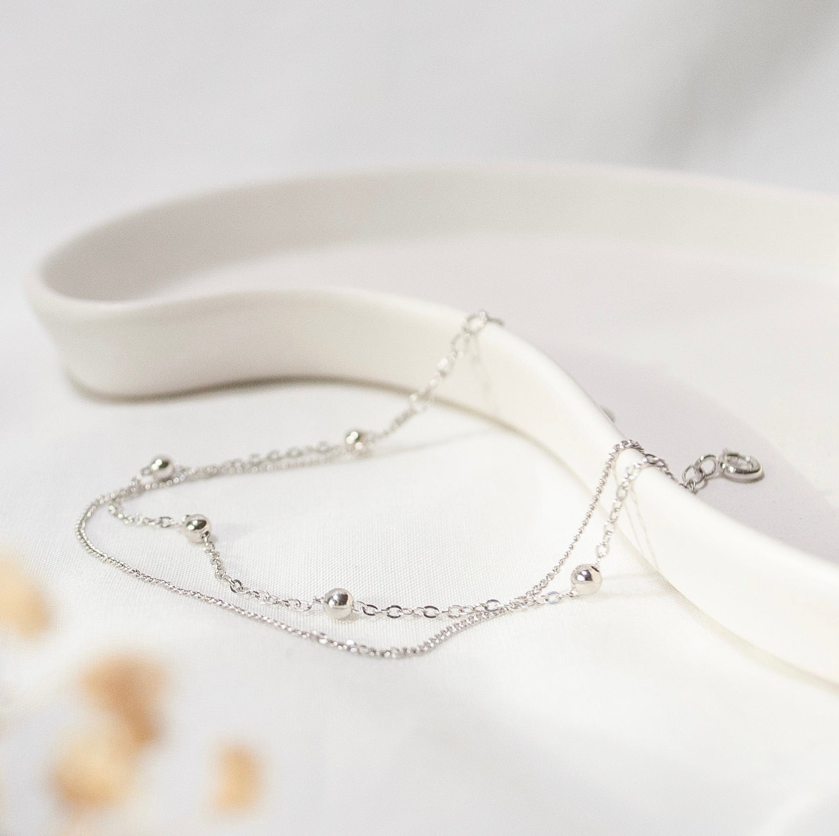 Sterling Silver Ankle Bracelet, Double Beaded Chain, Silver Anklet, Handmade Jewellery, Dainty Minimalist, Gift For Her