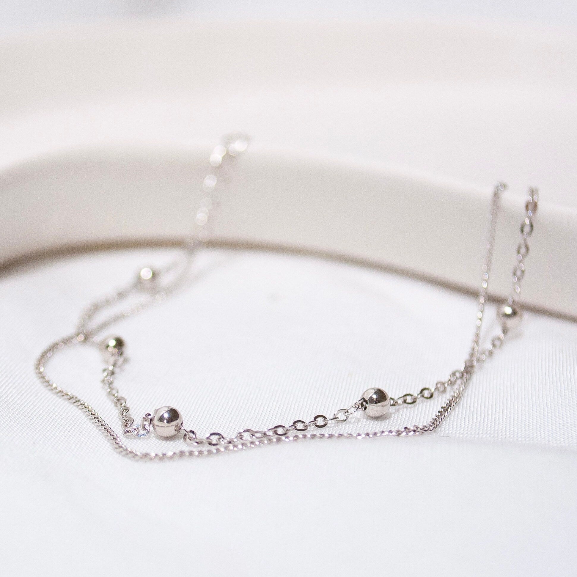 Sterling Silver Ankle Bracelet, Double Beaded Chain, Silver Anklet, Handmade Jewellery, Dainty Minimalist, Gift For Her