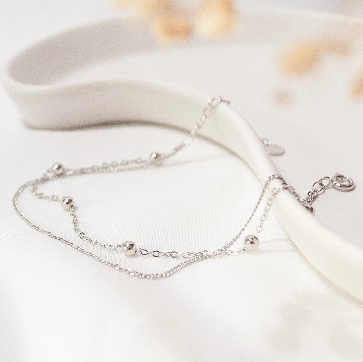 Sterling Silver Ankle Bracelet, Double Beaded Chain, Silver Anklet, Handmade Jewellery, Dainty Minimalist, Gift For Her