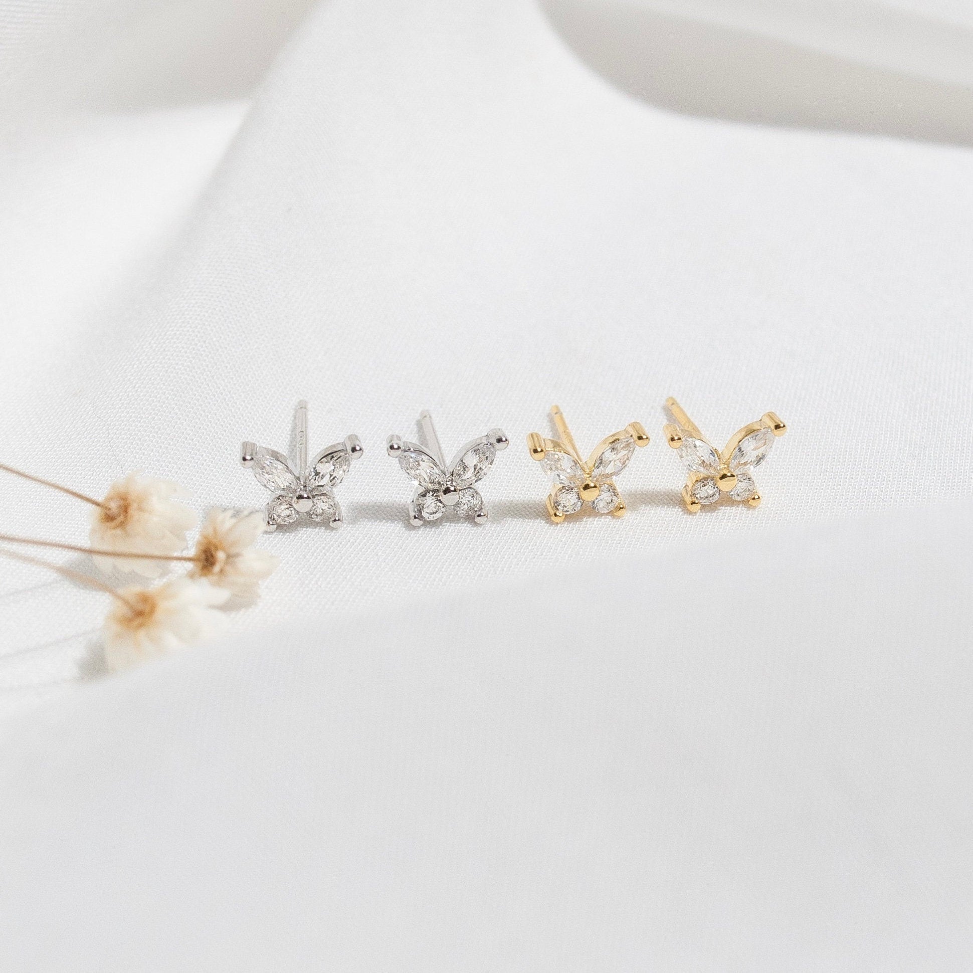 Sterling Silver Butterfly Earrings, CZ Crystal Butterly Stud Earrings,Dainty Earrings, Best Friend Gift, Gift For Her