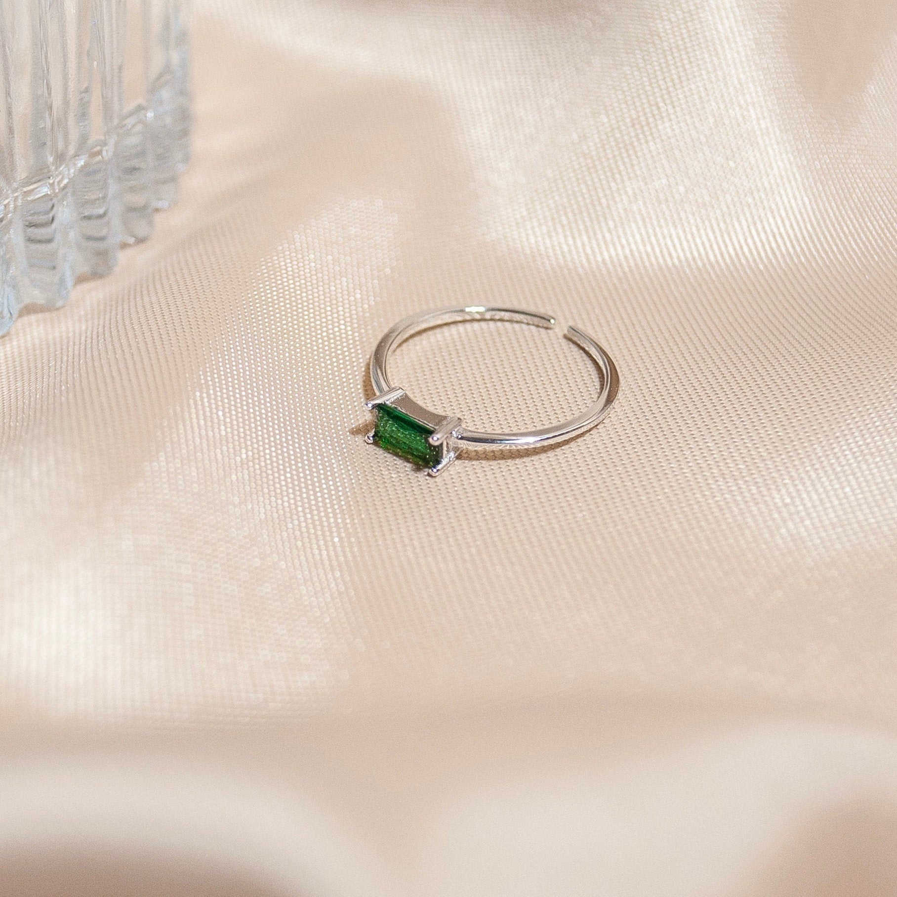 Natural Green Emerald Sterling Silver Ring, Adjustable Minimalist Gold Silver Ring, Emerald Engagement Ring, Gift For Her