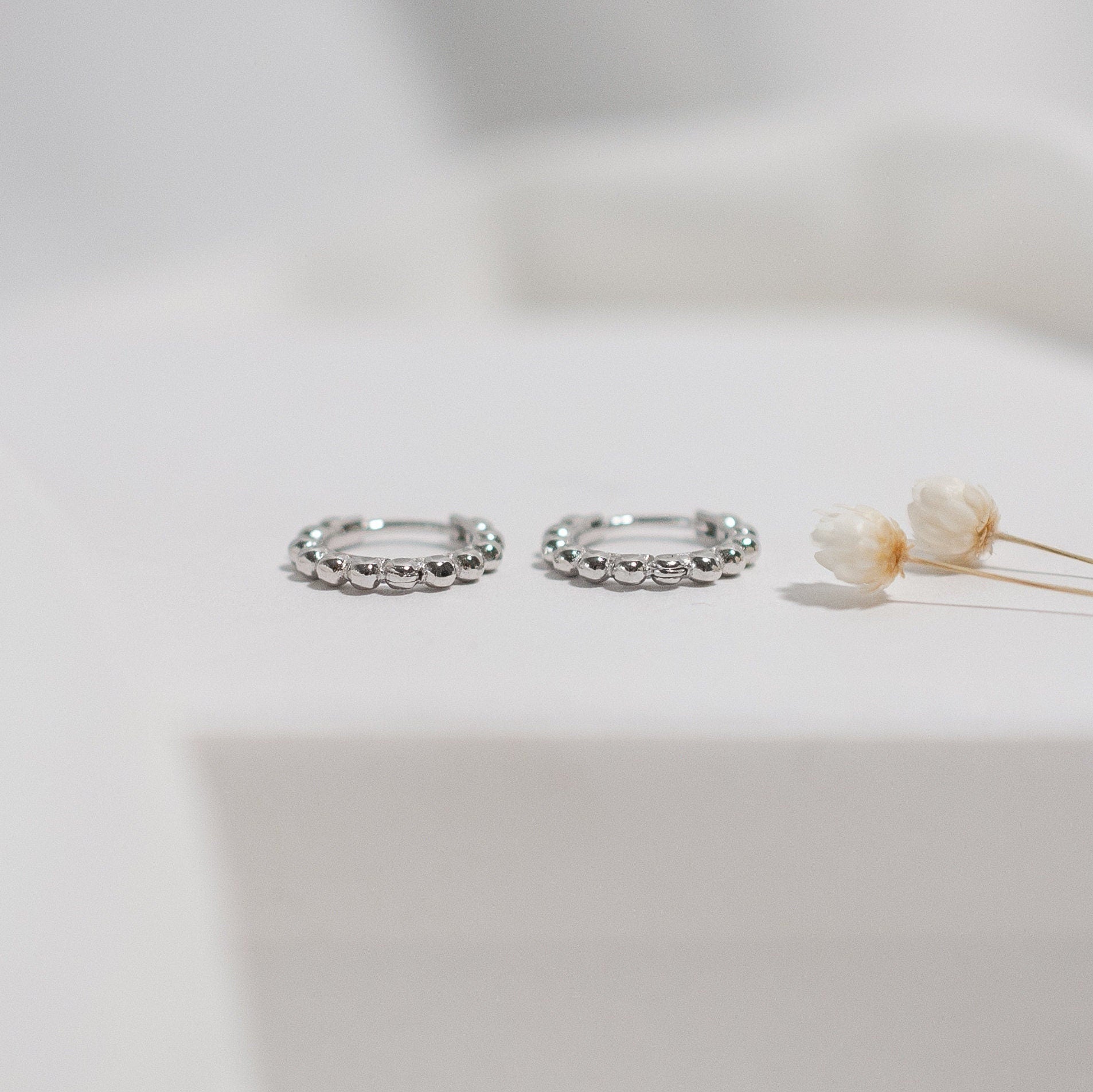 Sterling Silver Beaded Huggie Hoop Earrings in Gold or Silver, Small & Large Sized Hoop Earrings, Dainty Minimalist Jewellery