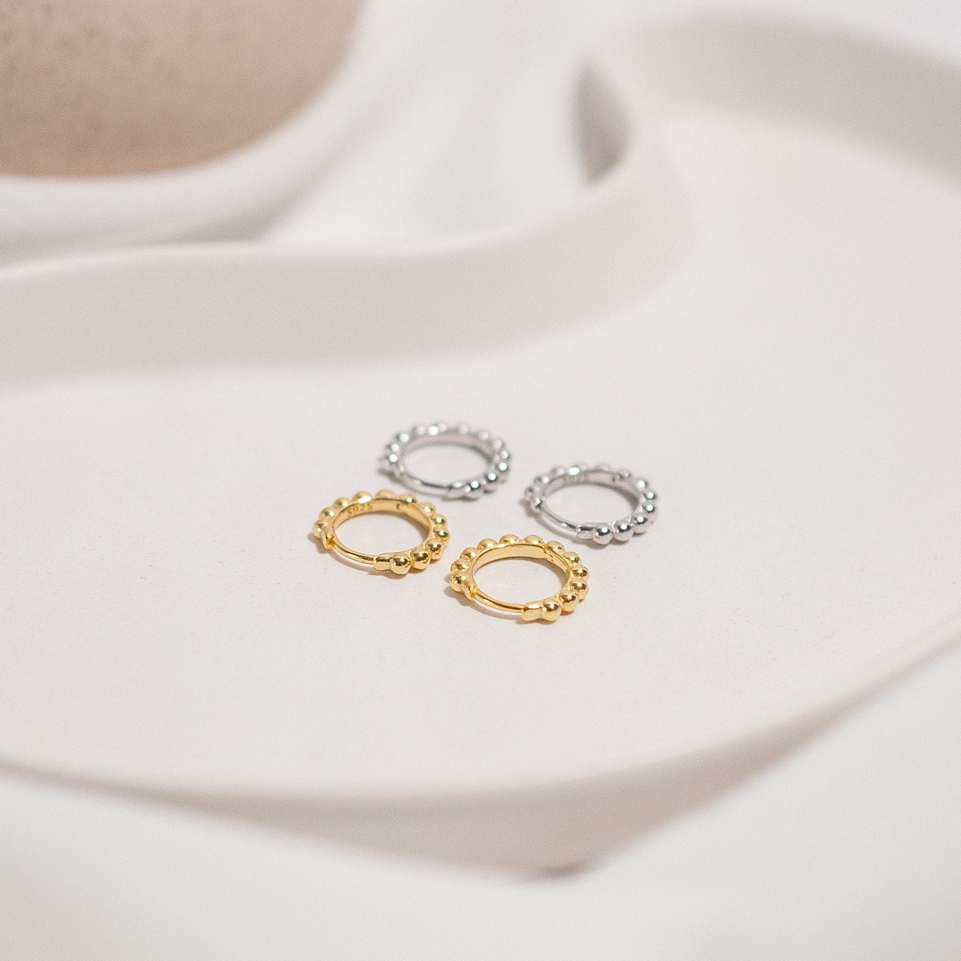 Sterling Silver Beaded Huggie Hoop Earrings in Gold or Silver, Small & Large Sized Hoop Earrings, Dainty Minimalist Jewellery