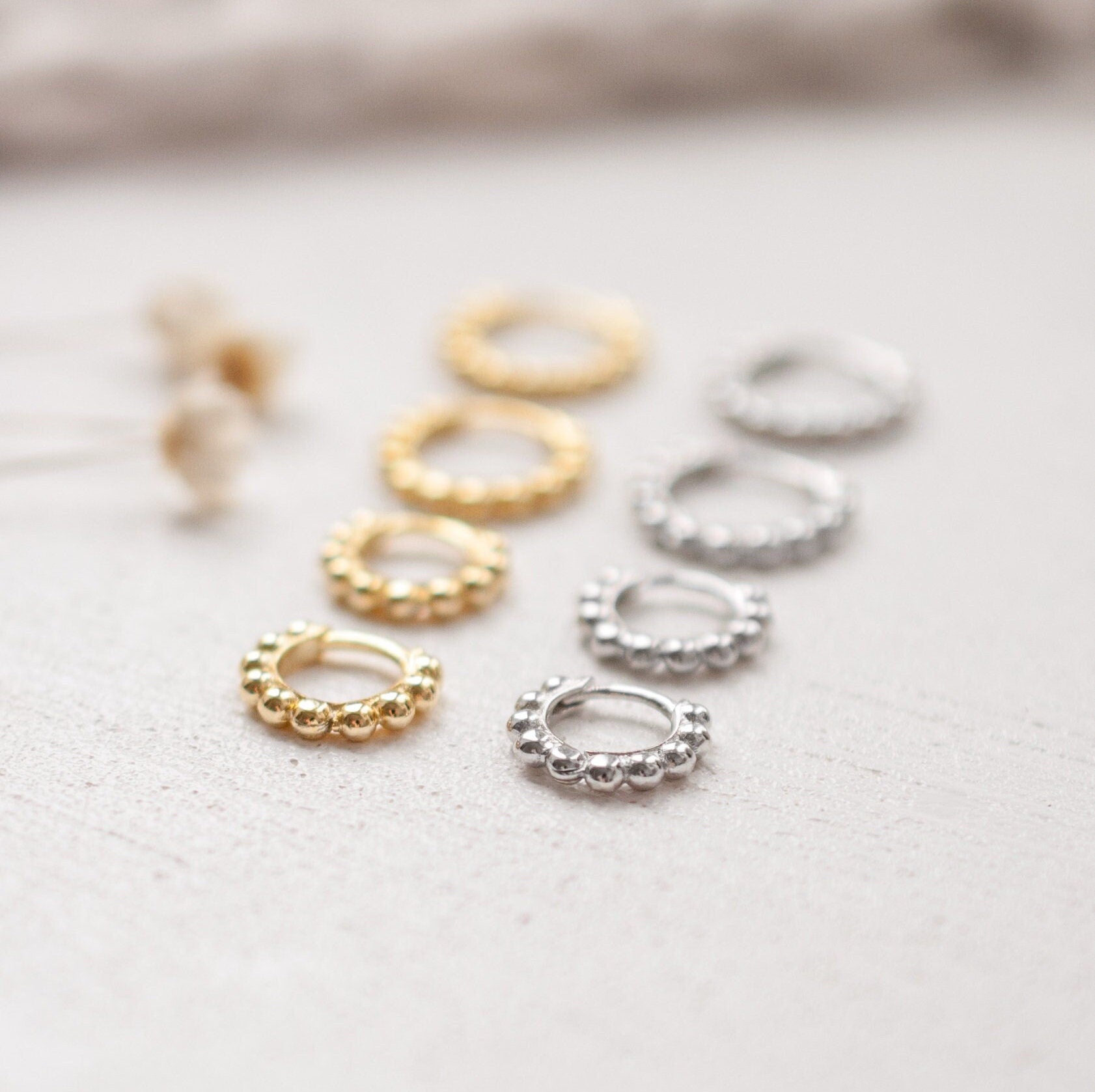 Sterling Silver Beaded Huggie Hoop Earrings in Gold or Silver, Small & Large Sized Hoop Earrings, Dainty Minimalist Jewellery