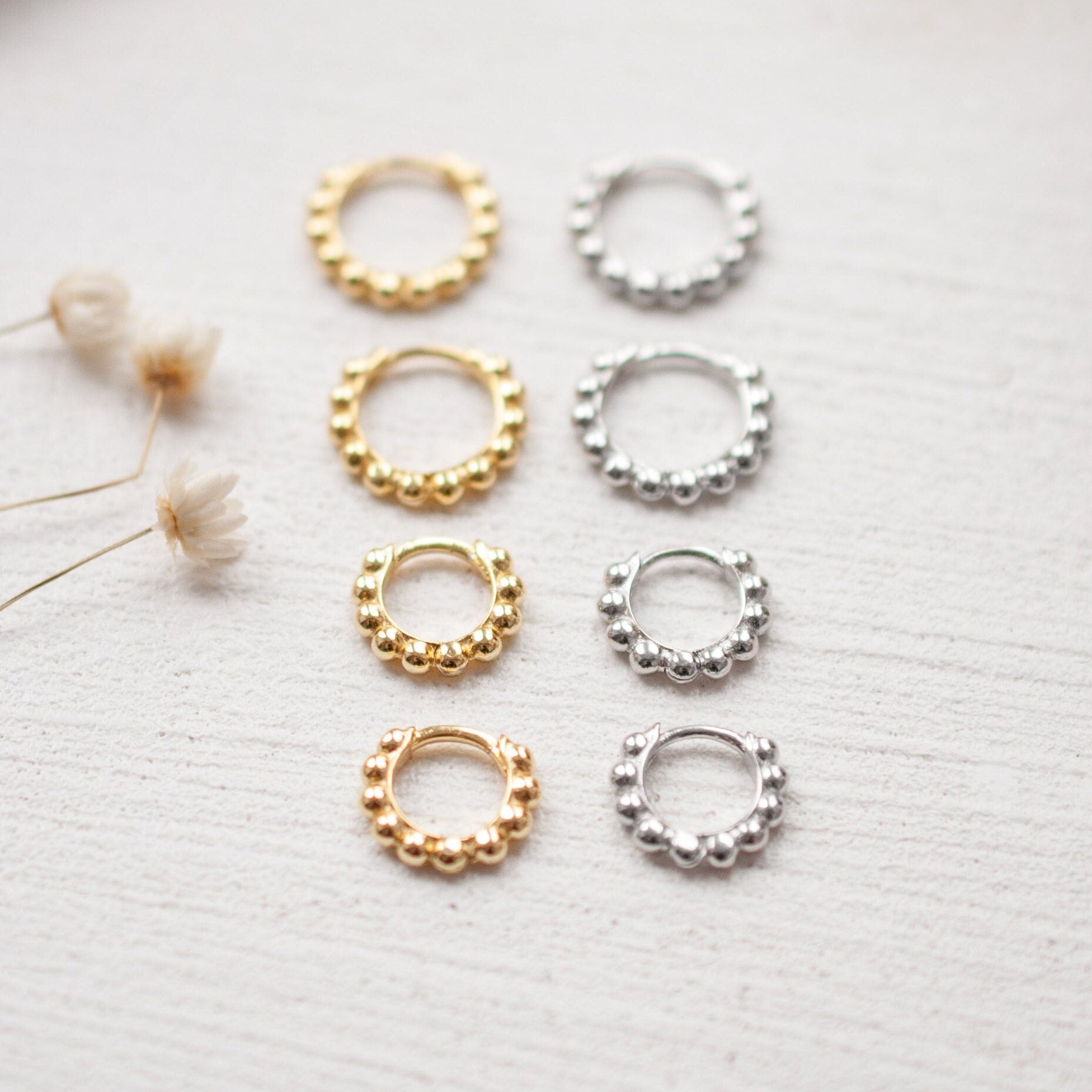 Sterling Silver Beaded Huggie Hoop Earrings in Gold or Silver, Small & Large Sized Hoop Earrings, Dainty Minimalist Jewellery