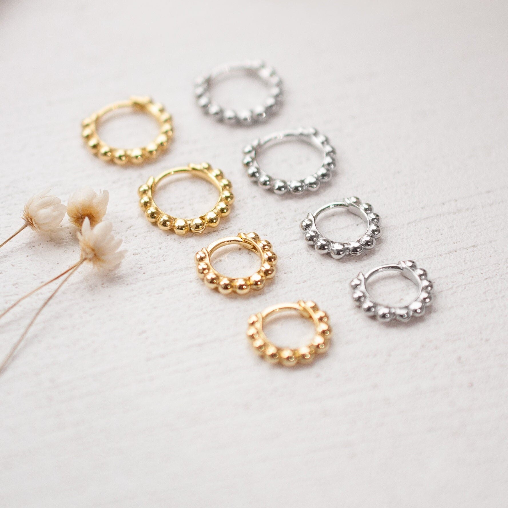 Sterling Silver Beaded Huggie Hoop Earrings in Gold or Silver, Small & Large Sized Hoop Earrings, Dainty Minimalist Jewellery