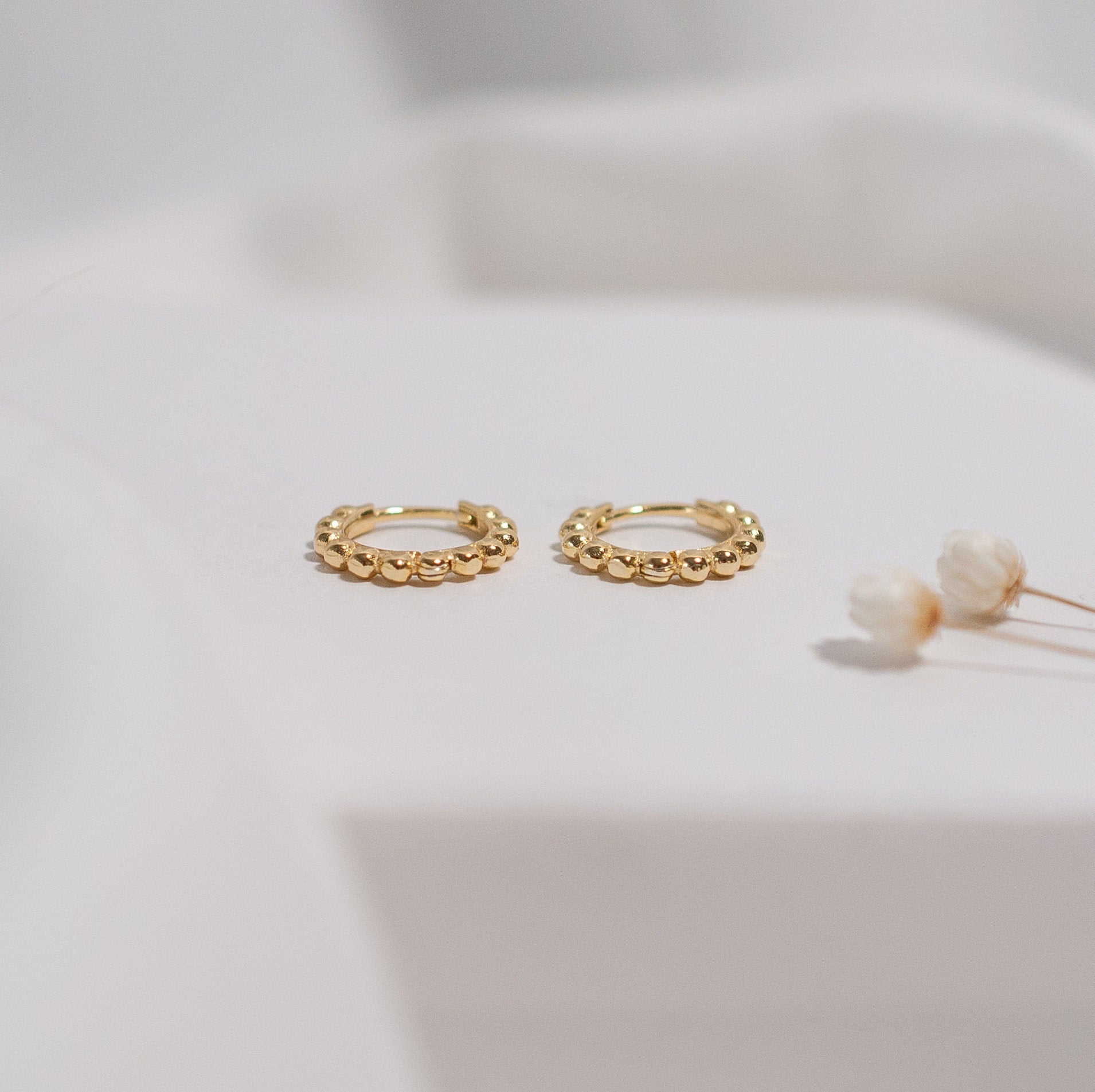 Sterling Silver Beaded Huggie Hoop Earrings in Gold or Silver, Small & Large Sized Hoop Earrings, Dainty Minimalist Jewellery