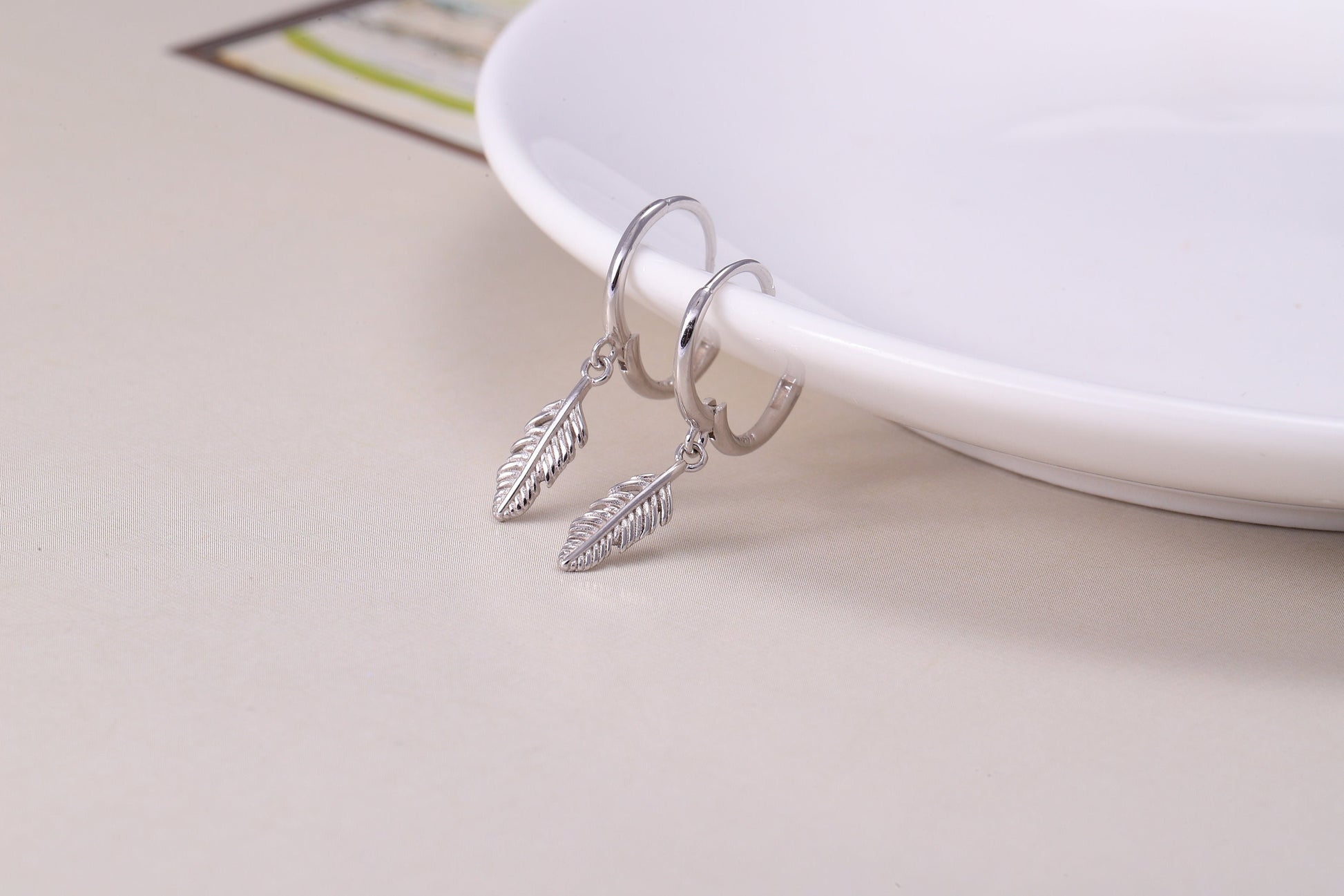 Sterling Silver Tiny Leaf Hoop Earrings with CZ Crystals in Gold or Silver, Sterling Silver Leaf Dangle Drop Silver Earrings, Leaf Earrings