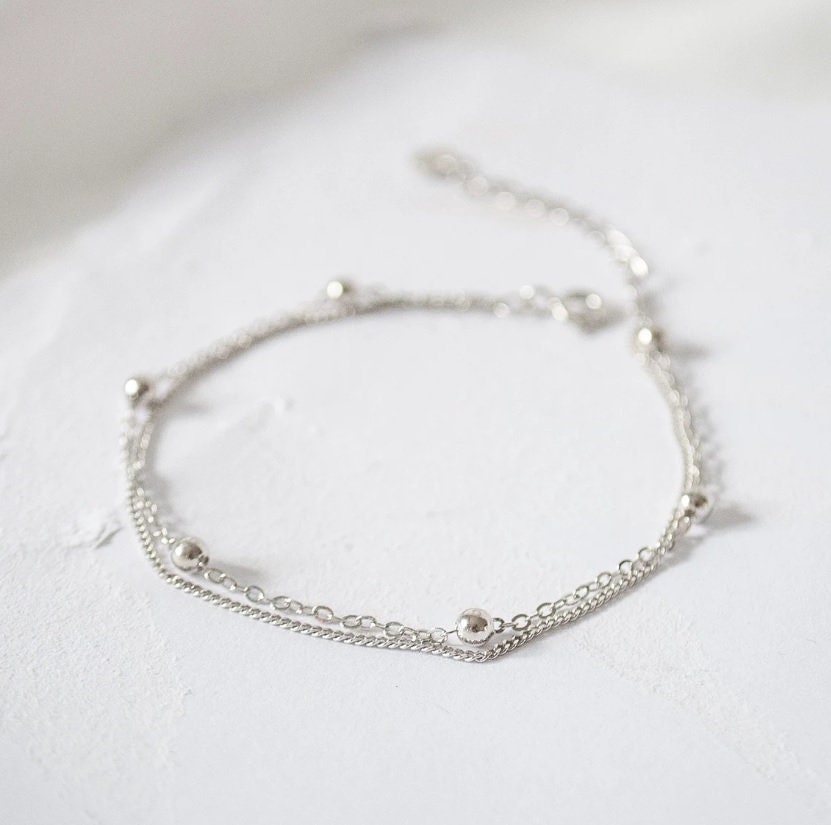 Sterling Silver Double Beaded Bracelet, Beaded Dainty Minimalist Bracelet, Gift For Her, Valentines Gift